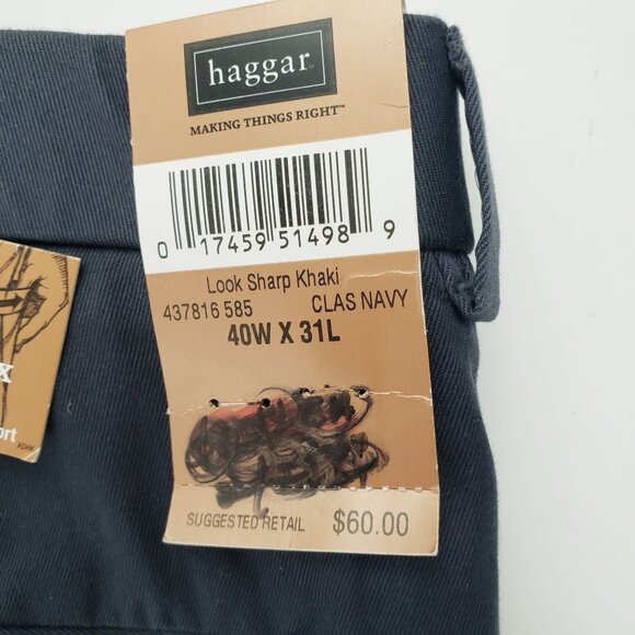 Haggar Pant Men 40x31Pleated Cuffed Invisible Flex Waistband Dark Navy Khaki NWT - Picture 5 of 11